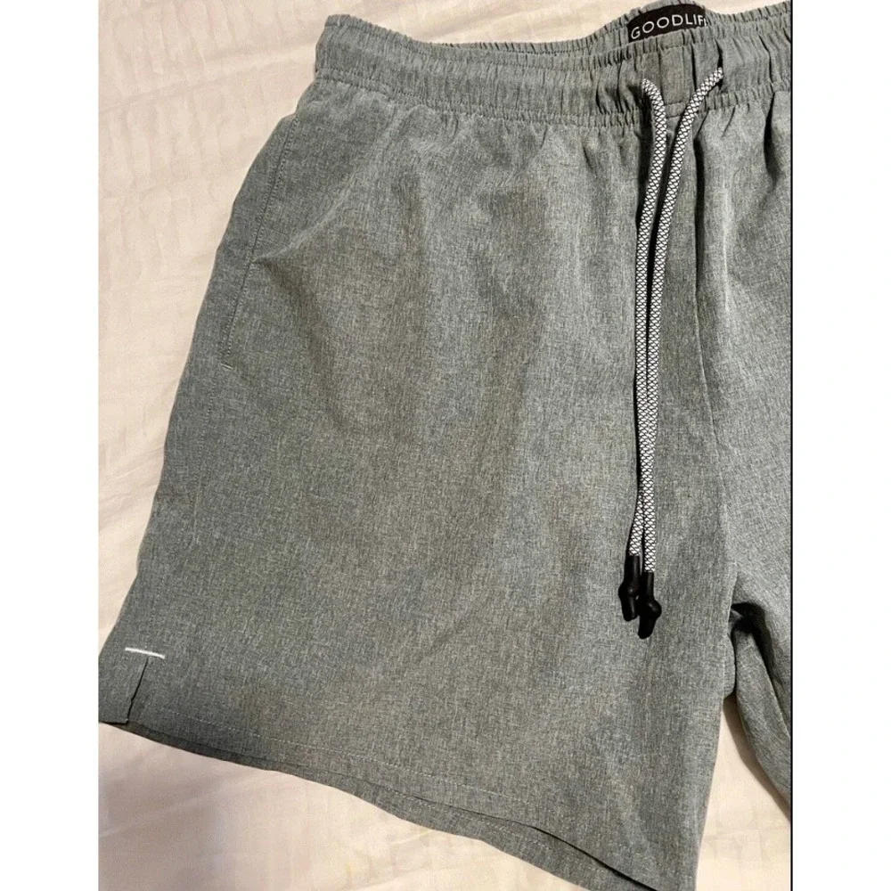Goodlife Mens Swim Trunks Heathered Grey Elastic Waist Drawstring Shorts Small